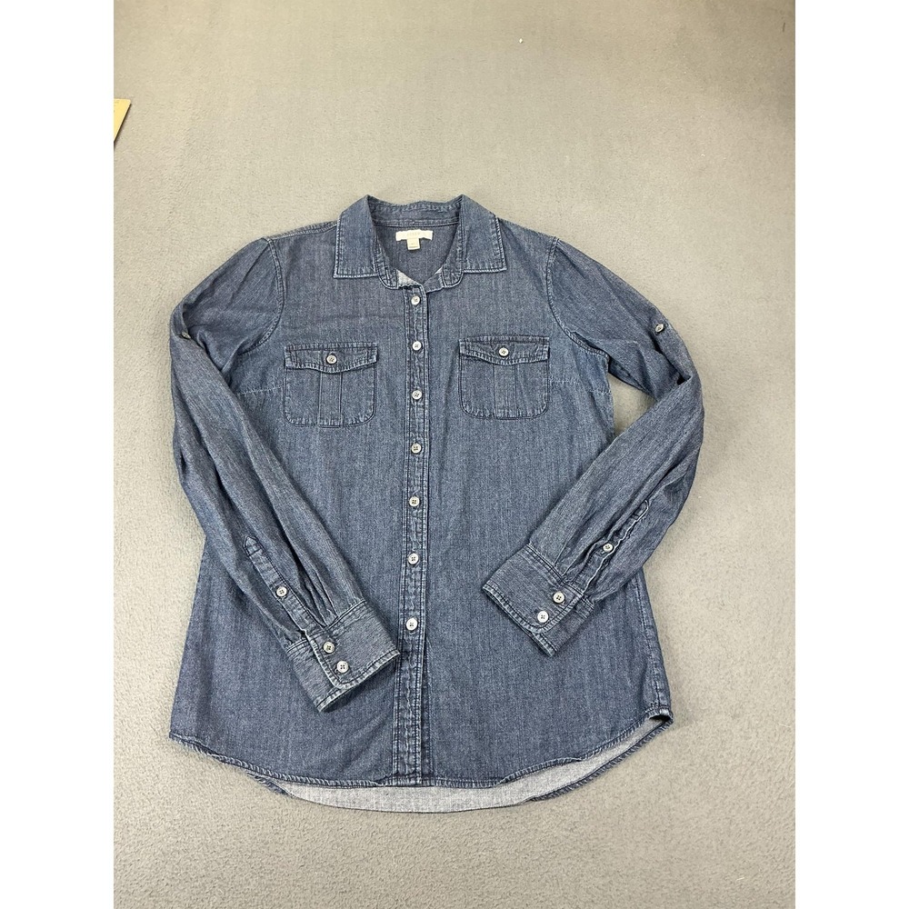 J CREW Button-Up Denim Shirt Womens 6 Tall Blue Tunic Pockets Long Sleeve Preppy